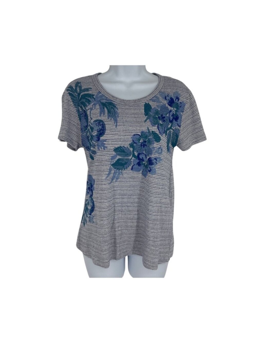Lucky Brand Floral Stripe Short Sleeve Tie-Back Knit Top Womens S Blue/White NWT